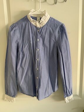 H&M - Striped Button-Up Blouse with Ruffled Collar and Cuffs - Blue & White- XS